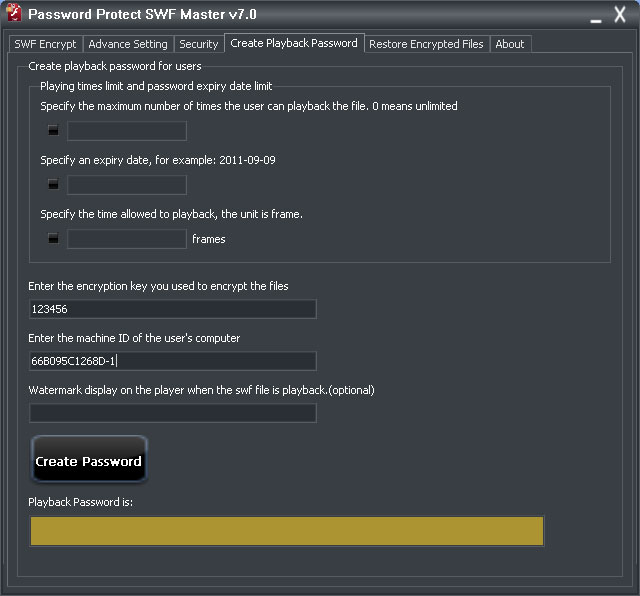 Password Protect SWF Master create playback password