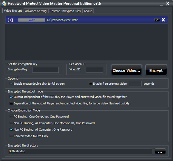 Password Protect Video Master Personal Edition Main User Interface